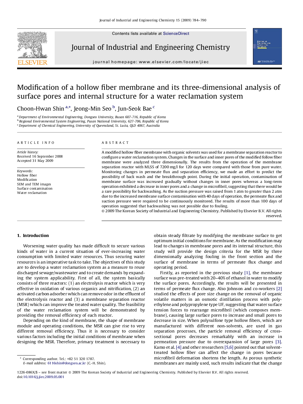 Modification of a hollow fiber membrane and its three-dimensional analysis of surface pores and internal structure for a water reclamation system