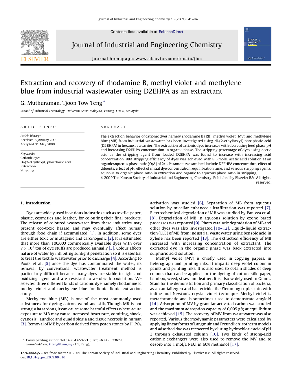 Extraction and recovery of rhodamine B, methyl violet and methylene blue from industrial wastewater using D2EHPA as an extractant