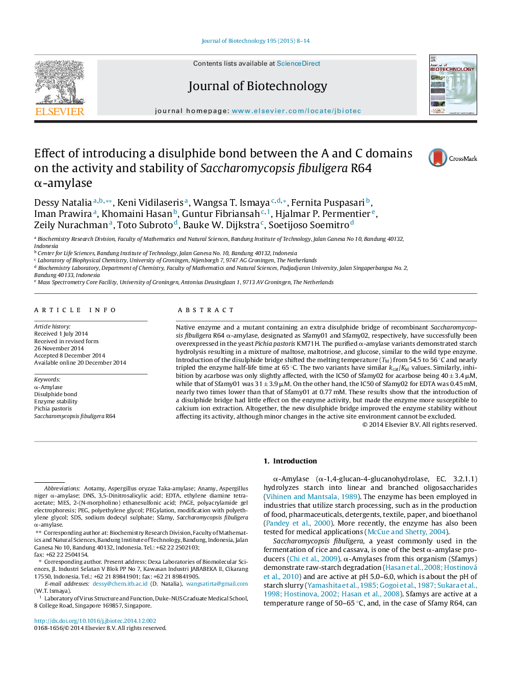 Effect of introducing a disulphide bond between the A and C domains on the activity and stability of Saccharomycopsis fibuligera R64 α-amylase