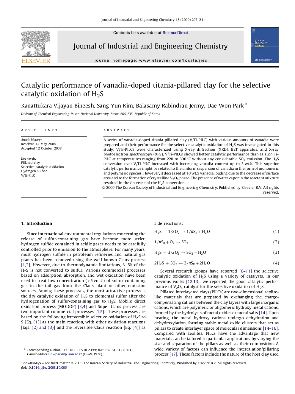 Catalytic performance of vanadia-doped titania-pillared clay for the selective catalytic oxidation of H2S