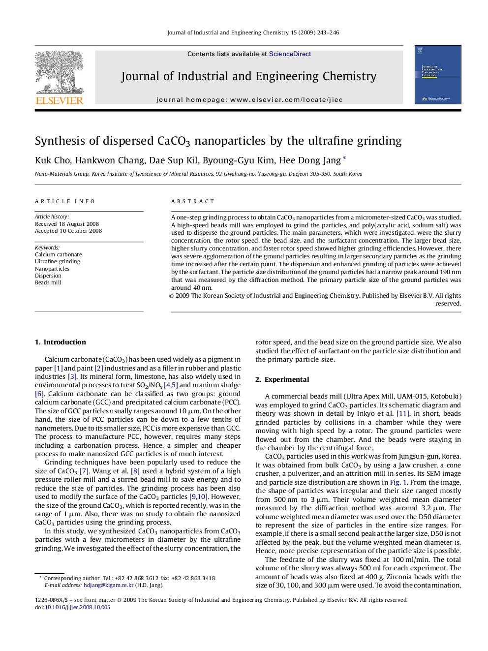 Synthesis of dispersed CaCO3 nanoparticles by the ultrafine grinding