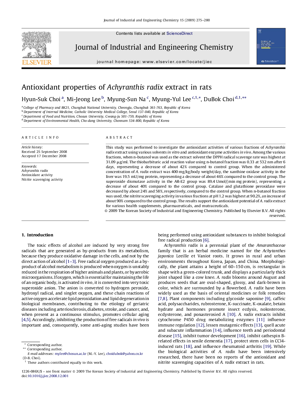 Antioxidant properties of Achyranthis radix extract in rats
