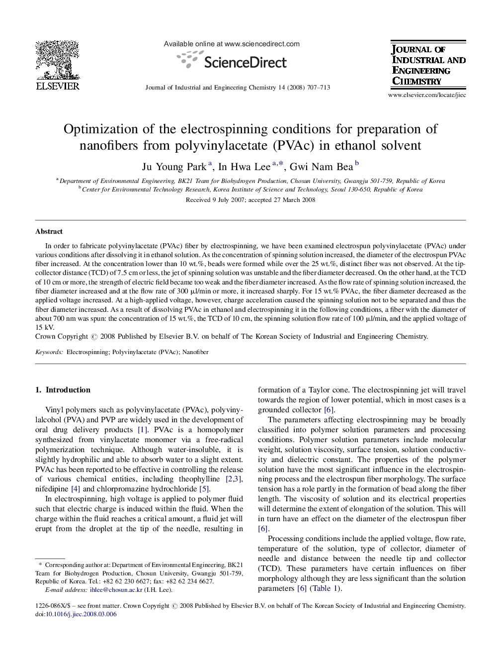 Optimization of the electrospinning conditions for preparation of nanofibers from polyvinylacetate (PVAc) in ethanol solvent