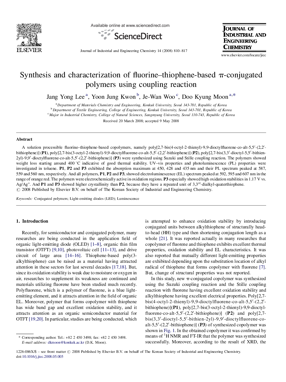 Synthesis and characterization of fluorine–thiophene-based π-conjugated polymers using coupling reaction