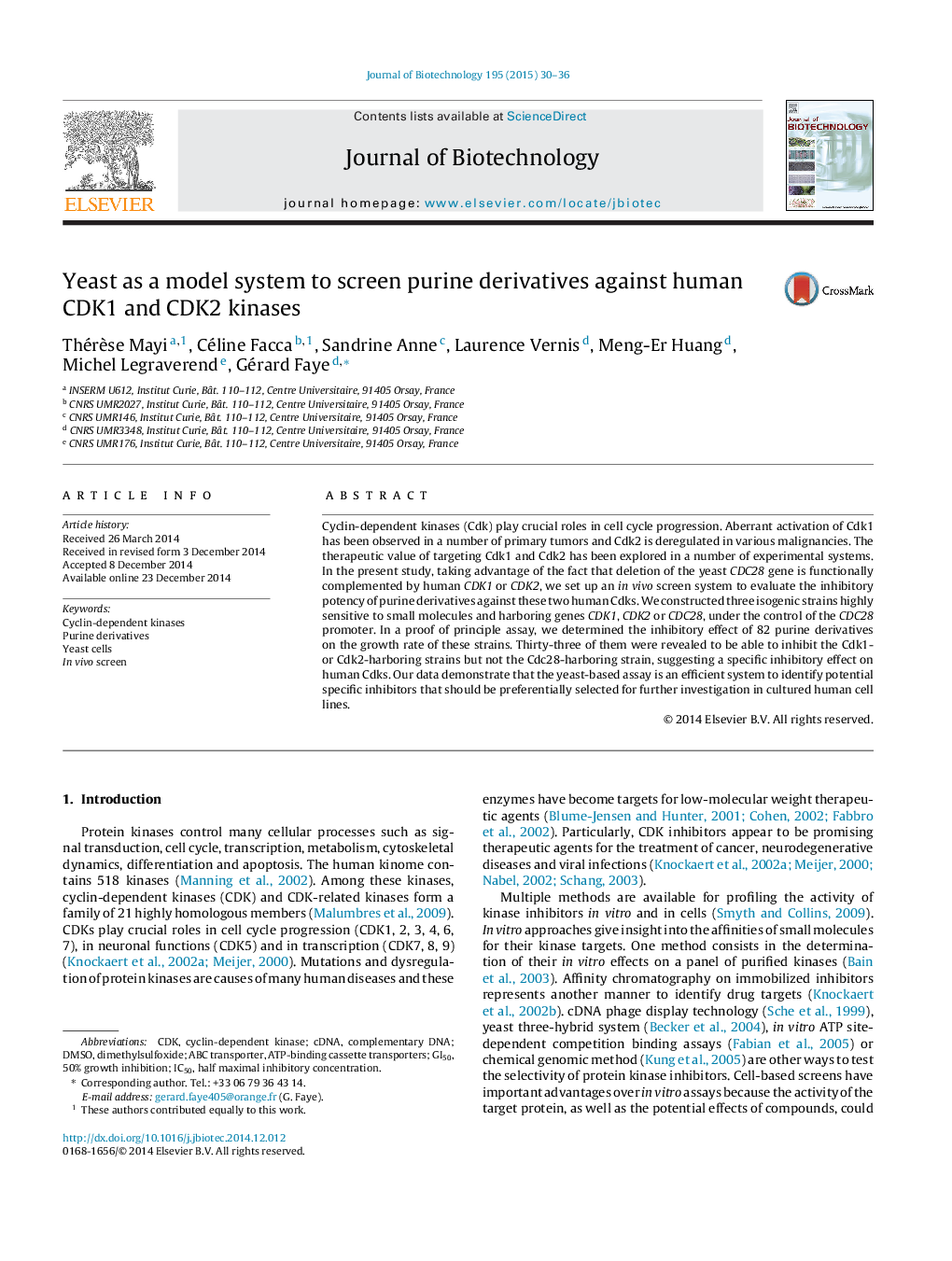 Yeast as a model system to screen purine derivatives against human CDK1 and CDK2 kinases