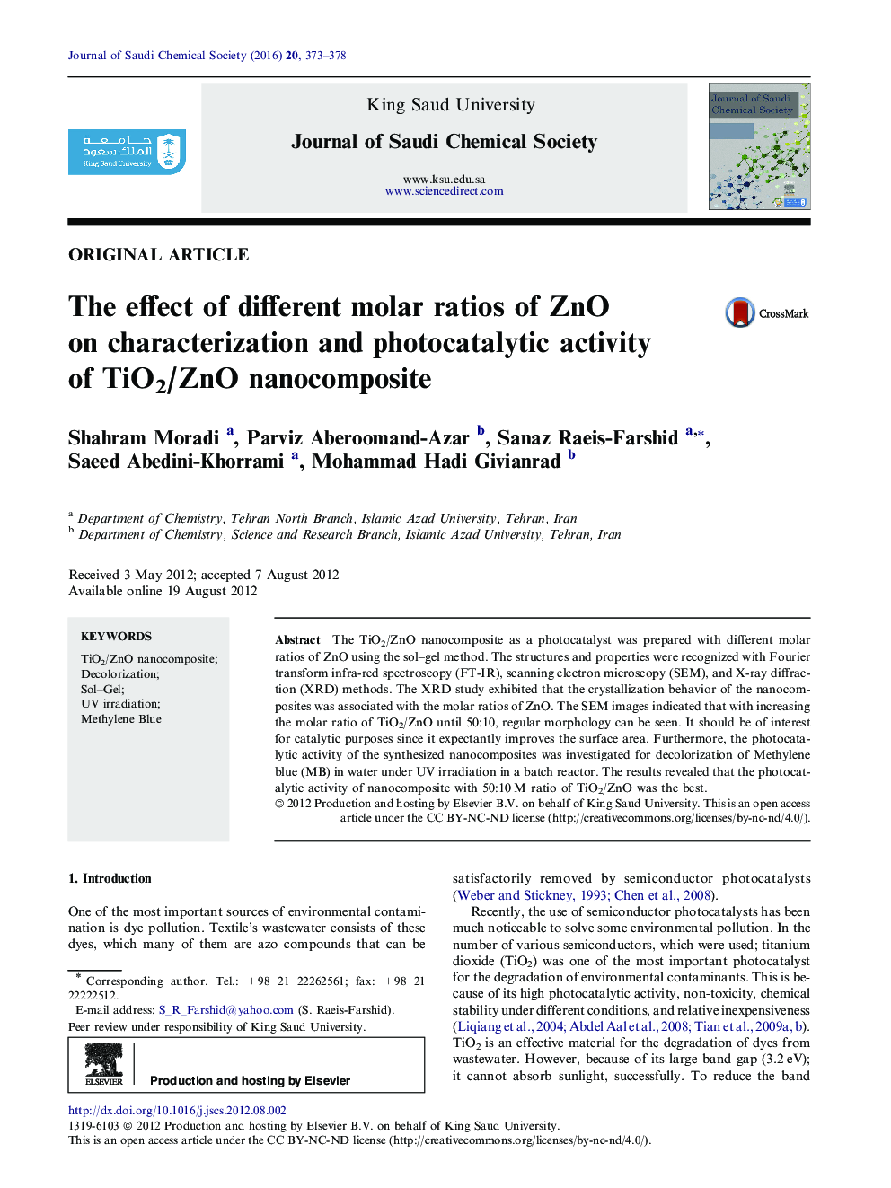 The effect of different molar ratios of ZnO on characterization and photocatalytic activity of TiO2/ZnO nanocomposite 