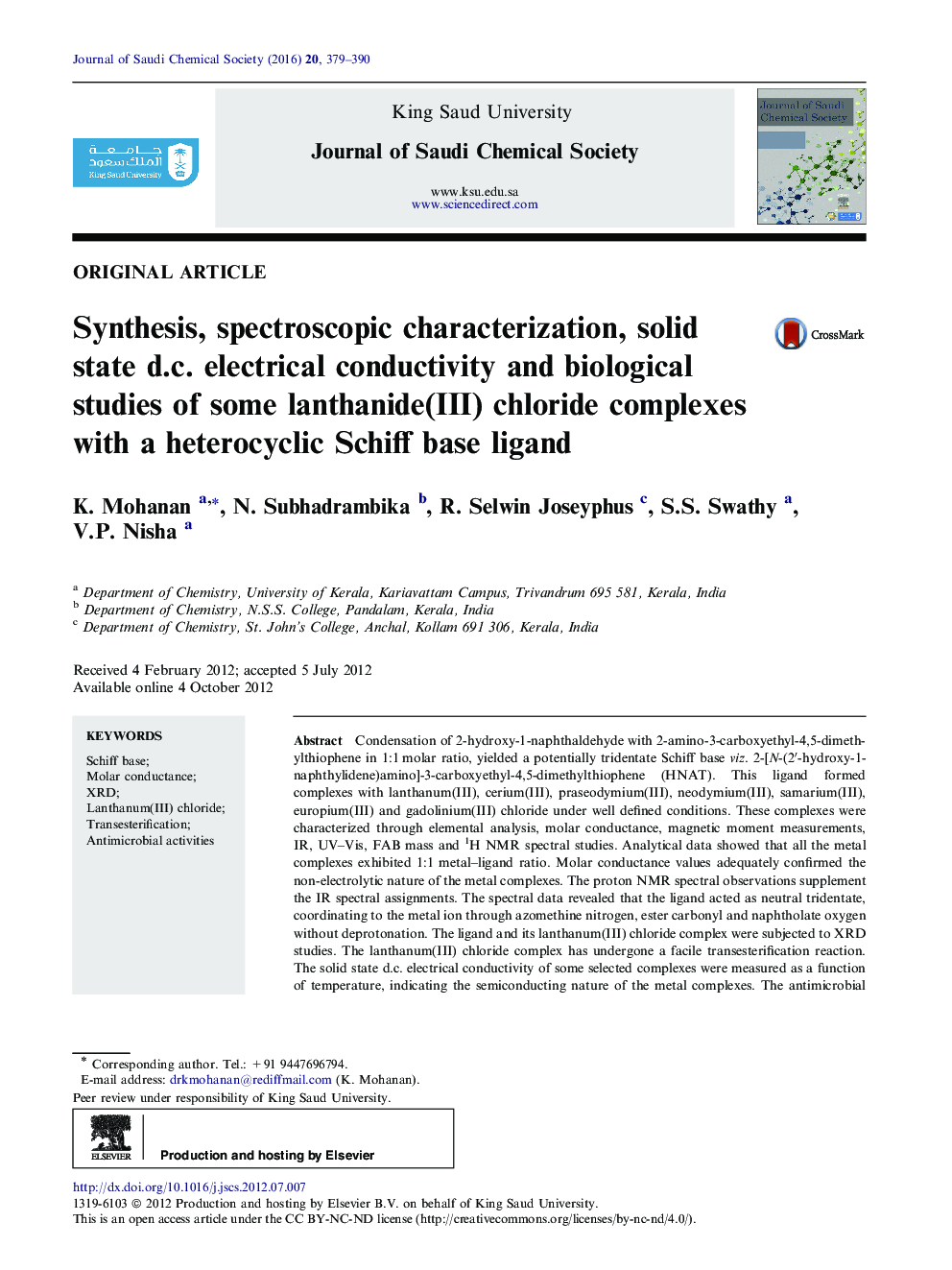 Synthesis, spectroscopic characterization, solid state d.c. electrical conductivity and biological studies of some lanthanide(III) chloride complexes with a heterocyclic Schiff base ligand 