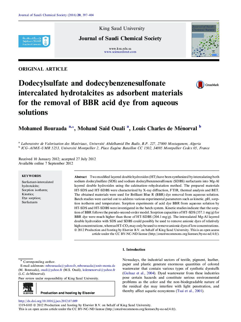 Dodecylsulfate and dodecybenzenesulfonate intercalated hydrotalcites as adsorbent materials for the removal of BBR acid dye from aqueous solutions 