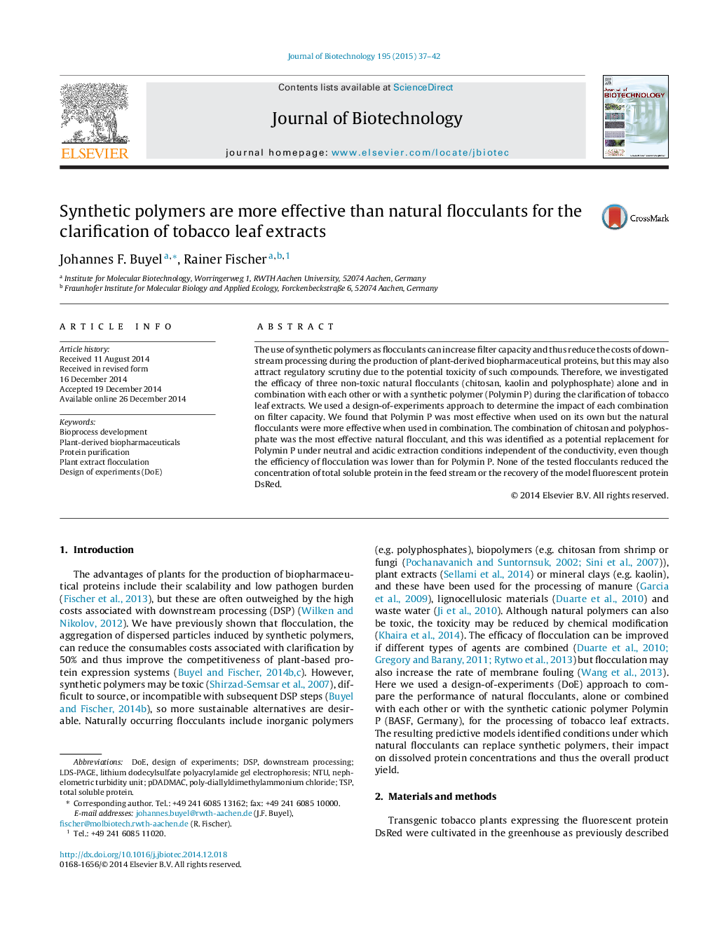 Synthetic polymers are more effective than natural flocculants for the clarification of tobacco leaf extracts