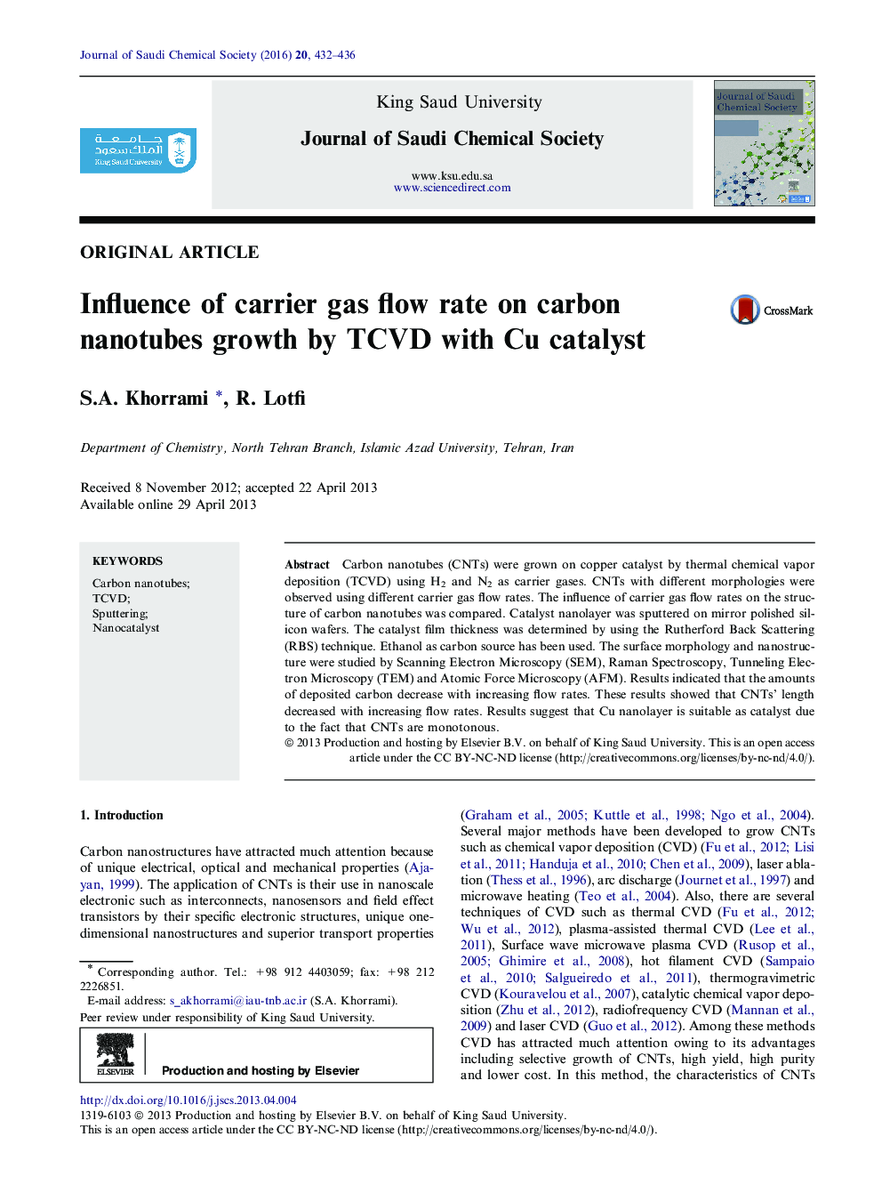 Influence of carrier gas flow rate on carbon nanotubes growth by TCVD with Cu catalyst 