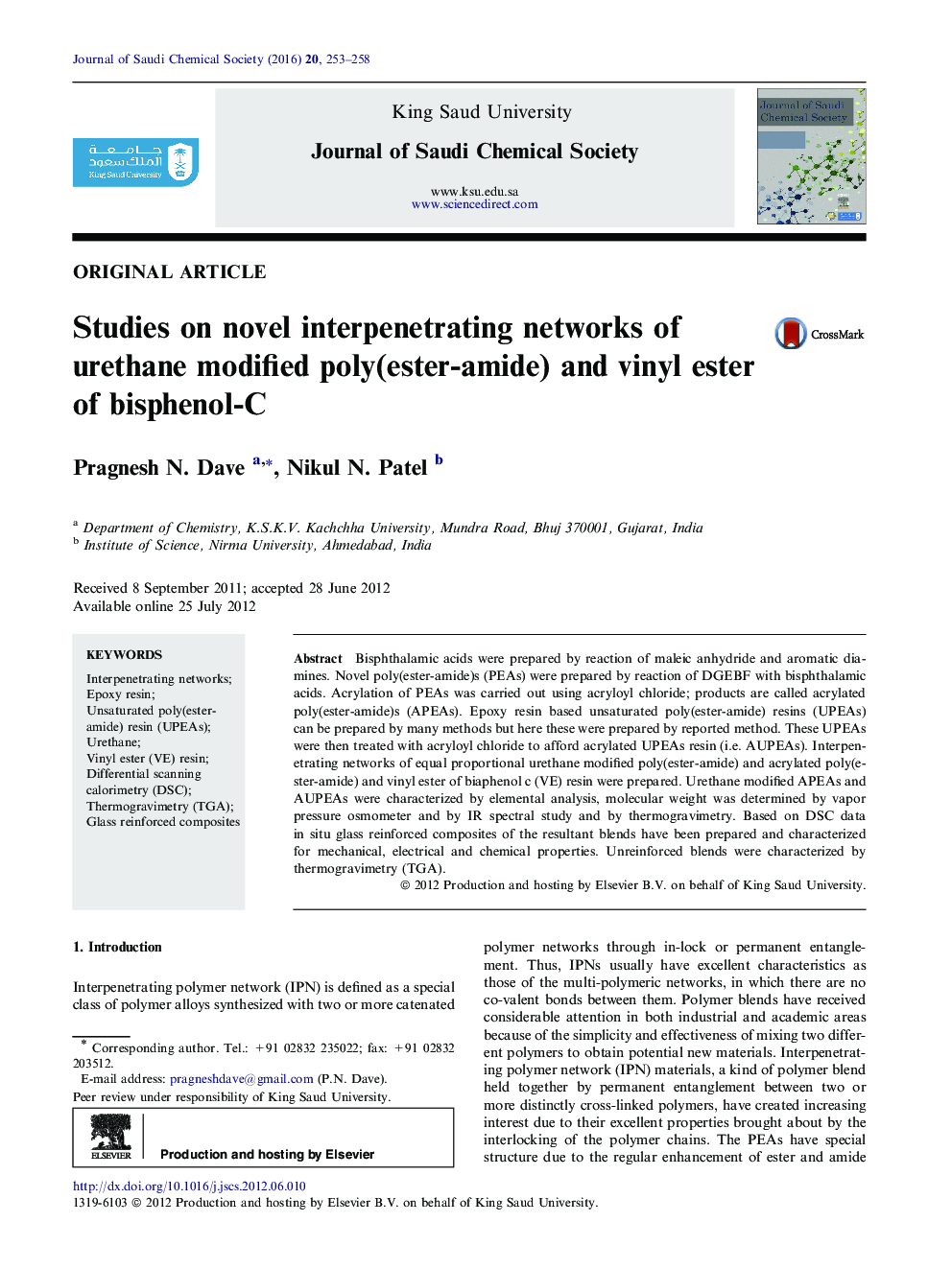 Studies on novel interpenetrating networks of urethane modified poly(ester-amide) and vinyl ester of bisphenol-C 