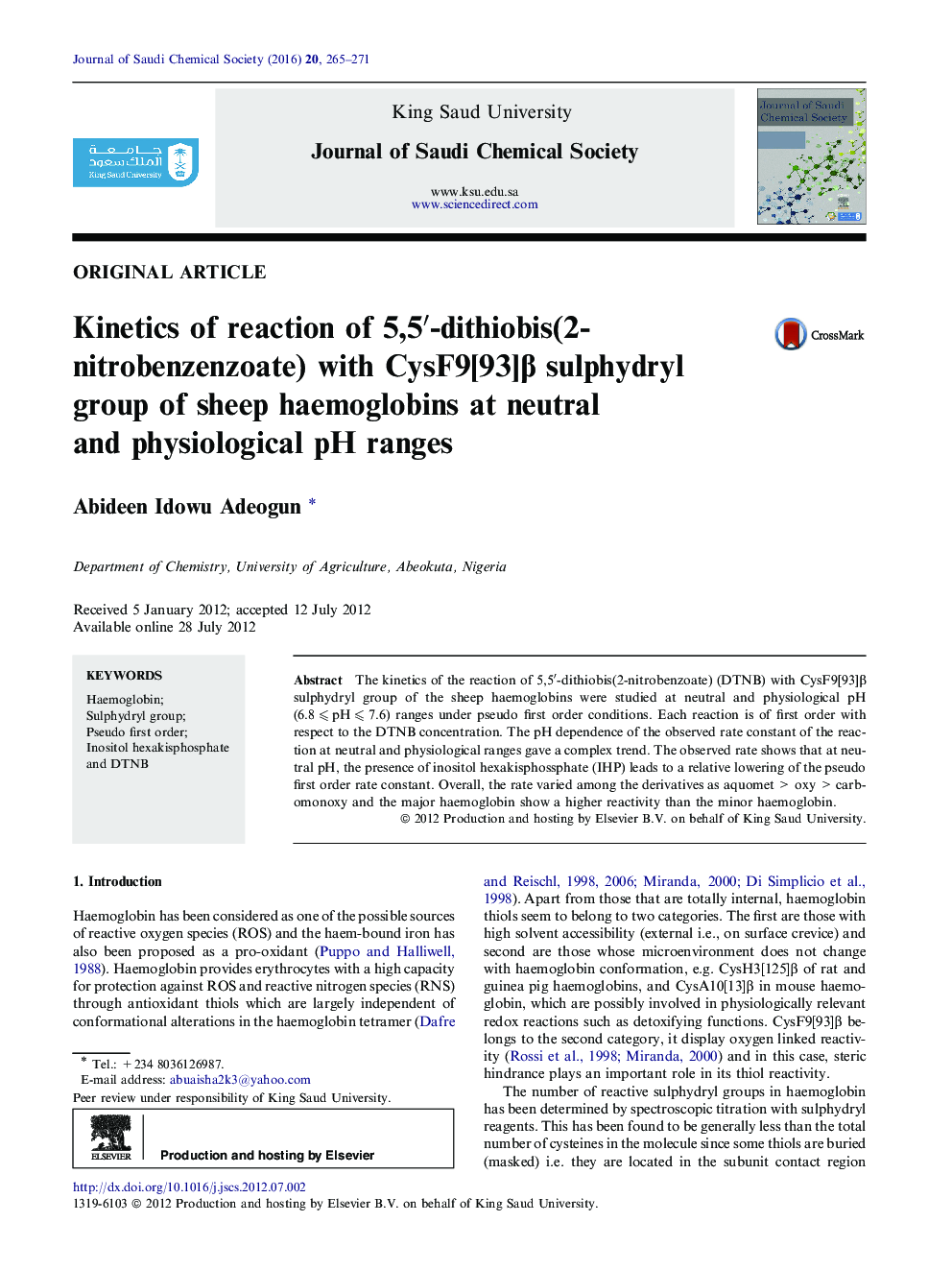 Kinetics of reaction of 5,5′-dithiobis(2-nitrobenzenzoate) with CysF9[93]β sulphydryl group of sheep haemoglobins at neutral and physiological pH ranges 