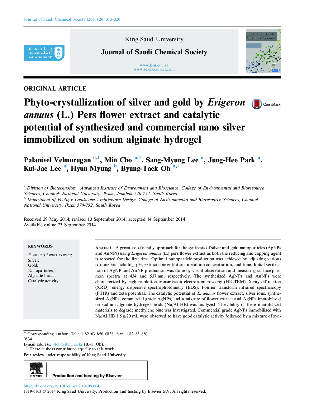 Phyto-crystallization of silver and gold by Erigeron annuus (L.) Pers flower extract and catalytic potential of synthesized and commercial nano silver immobilized on sodium alginate hydrogel 