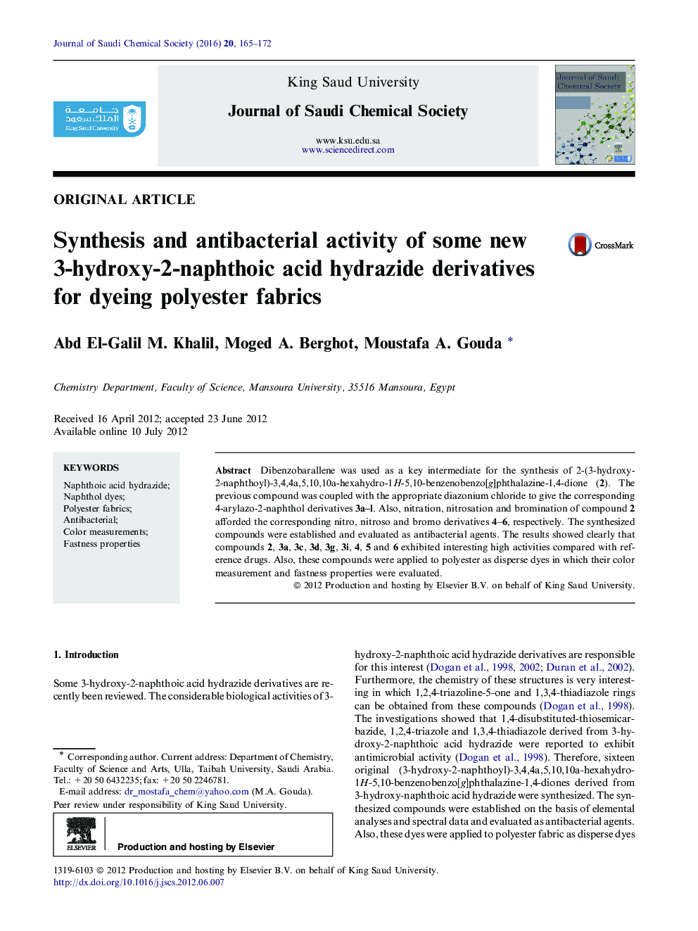 Synthesis and antibacterial activity of some new 3-hydroxy-2-naphthoic acid hydrazide derivatives for dyeing polyester fabrics 