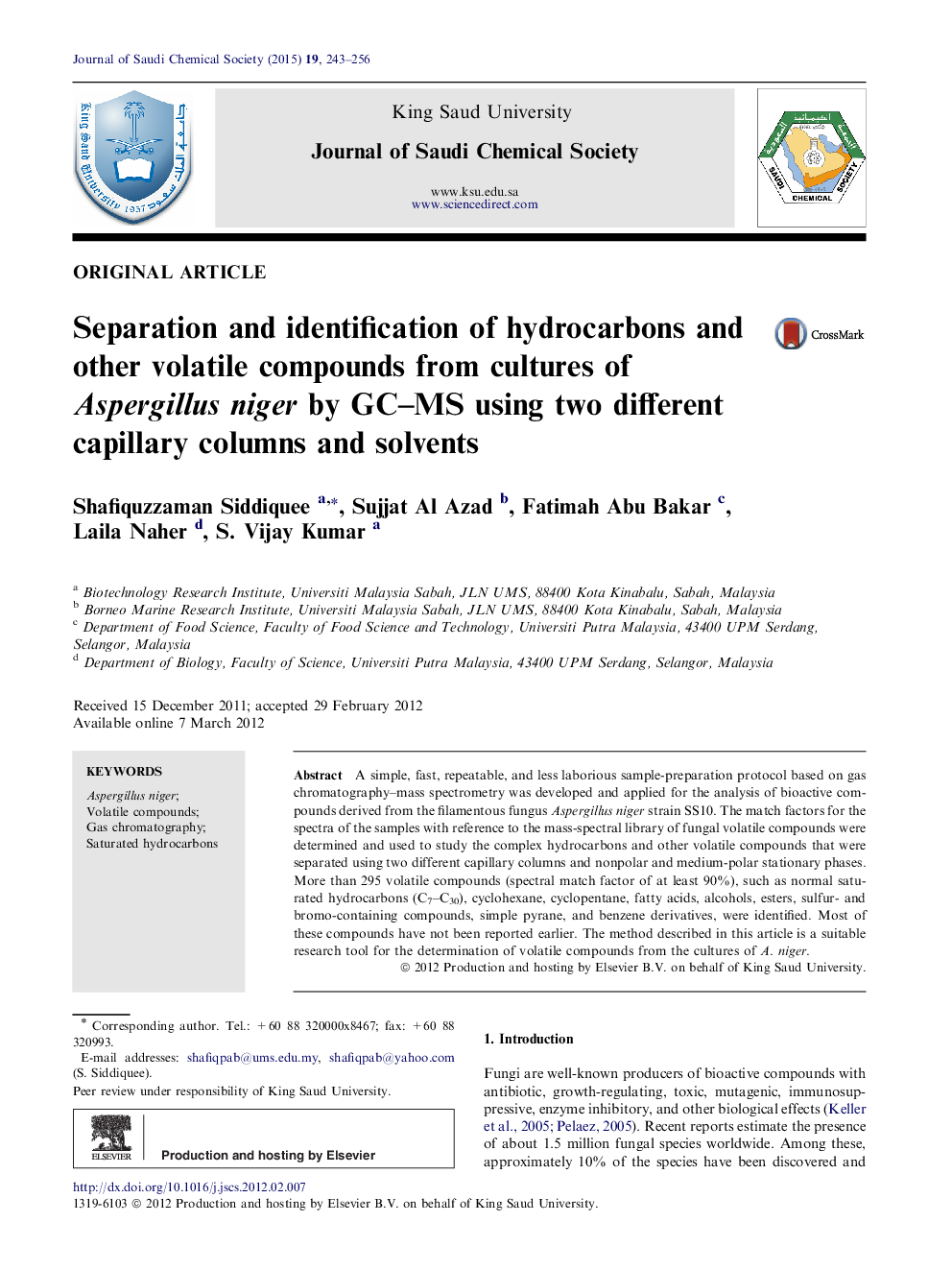 Separation and identification of hydrocarbons and other volatile compounds from cultures of Aspergillus niger by GC–MS using two different capillary columns and solvents 