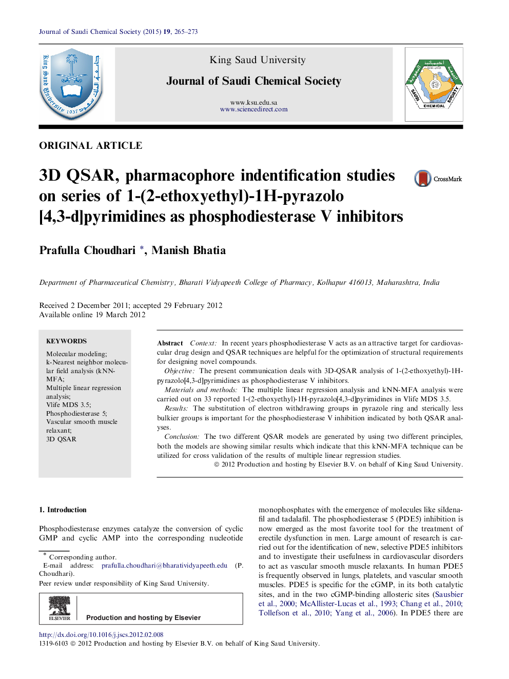 3D QSAR, pharmacophore indentification studies on series of 1-(2-ethoxyethyl)-1H-pyrazolo [4,3-d]pyrimidines as phosphodiesterase V inhibitors 