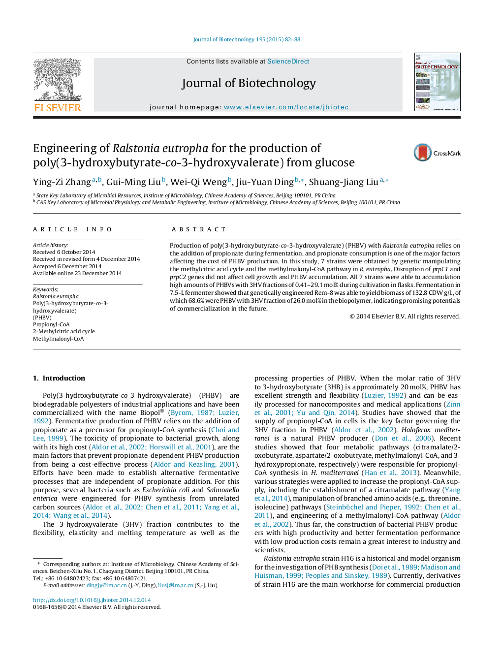 Engineering of Ralstonia eutropha for the production of poly(3-hydroxybutyrate-co-3-hydroxyvalerate) from glucose