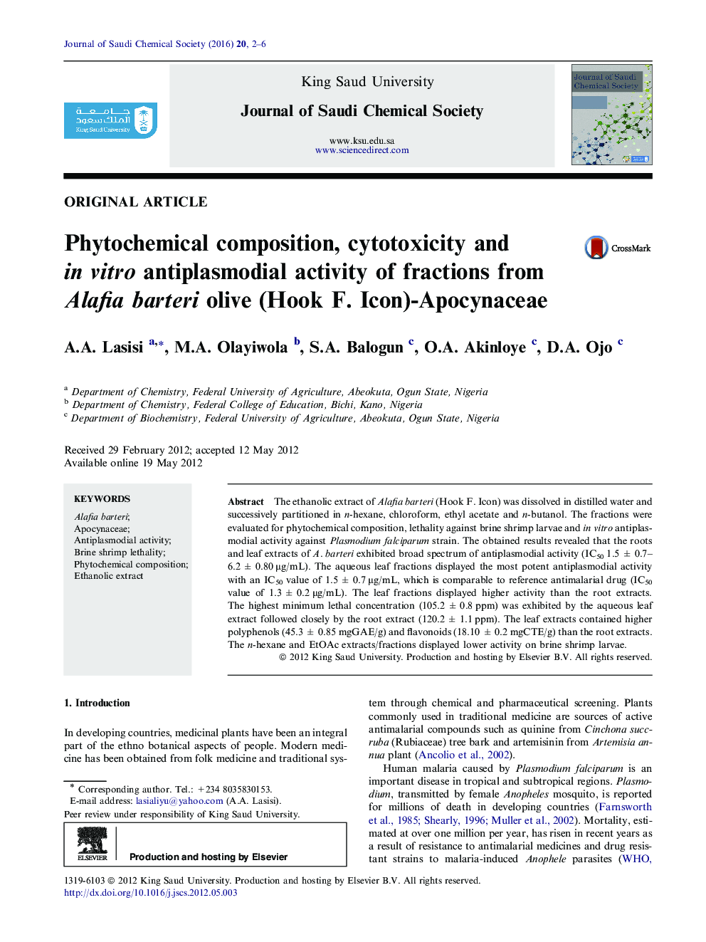 Phytochemical composition, cytotoxicity and in vitro antiplasmodial activity of fractions from Alafia barteri olive (Hook F. Icon)-Apocynaceae 