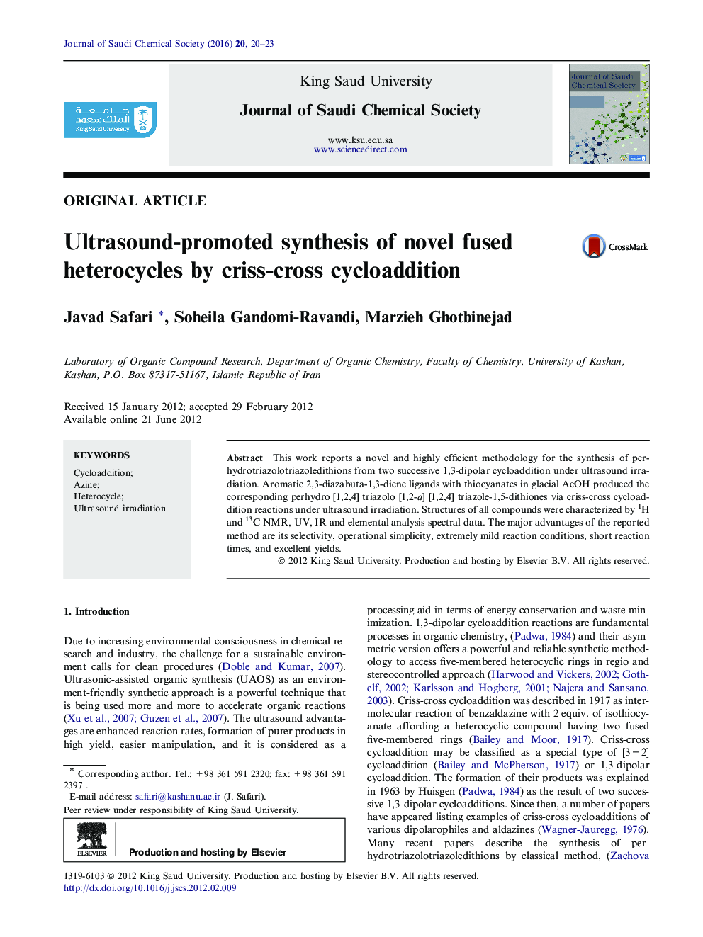 Ultrasound-promoted synthesis of novel fused heterocycles by criss-cross cycloaddition 