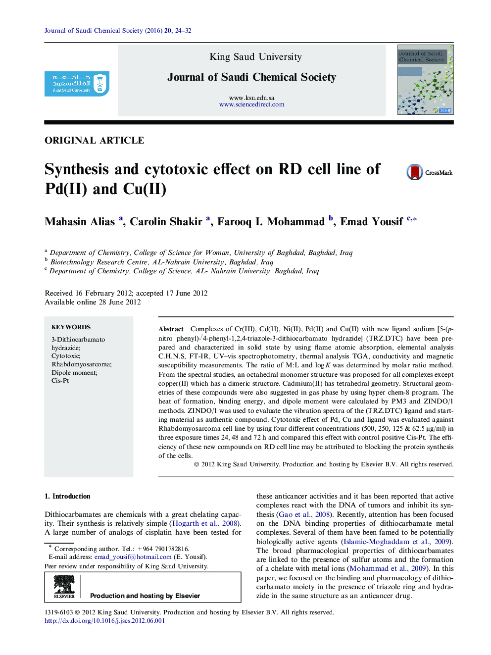 Synthesis and cytotoxic effect on RD cell line of Pd(II) and Cu(II) 