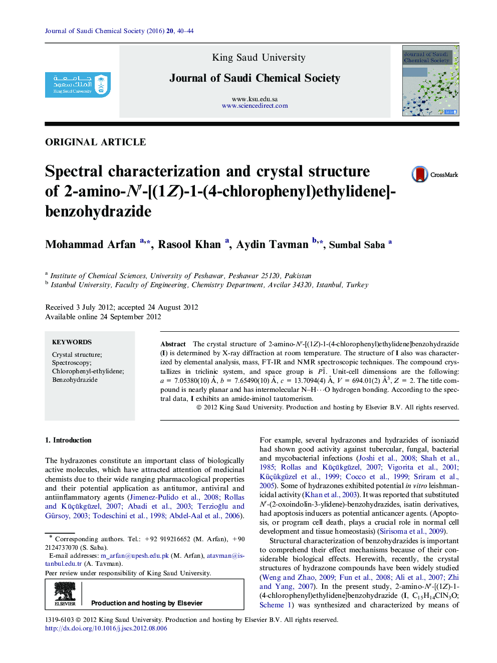 Spectral characterization and crystal structure of 2-amino-N′-[(1Z)-1-(4-chlorophenyl)ethylidene]-benzohydrazide 