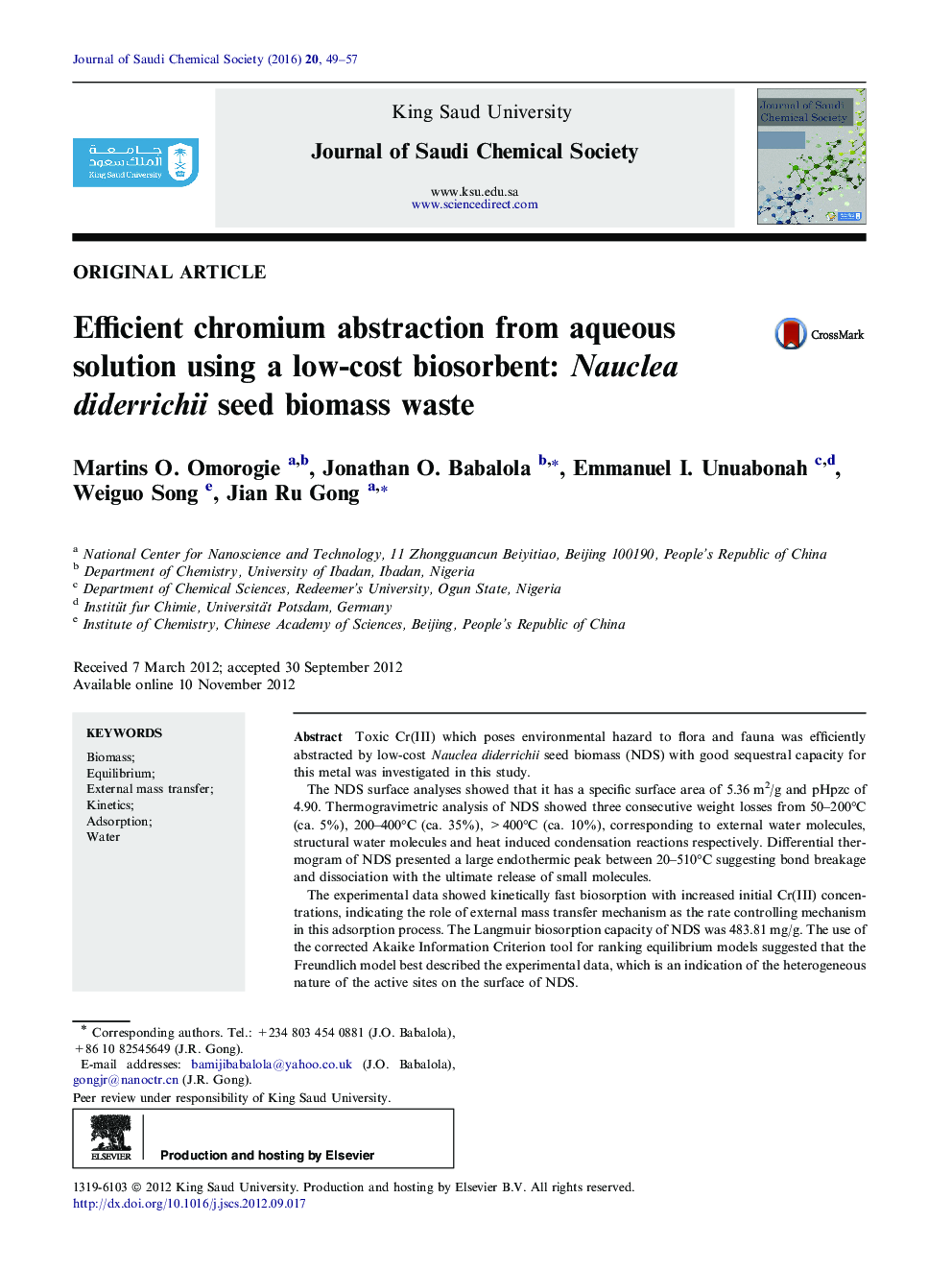 Efficient chromium abstraction from aqueous solution using a low-cost biosorbent: Nauclea diderrichii seed biomass waste 