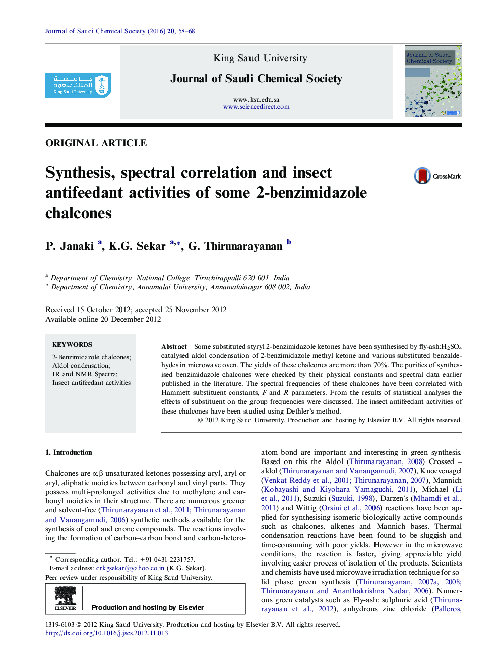 Synthesis, spectral correlation and insect antifeedant activities of some 2-benzimidazole chalcones 