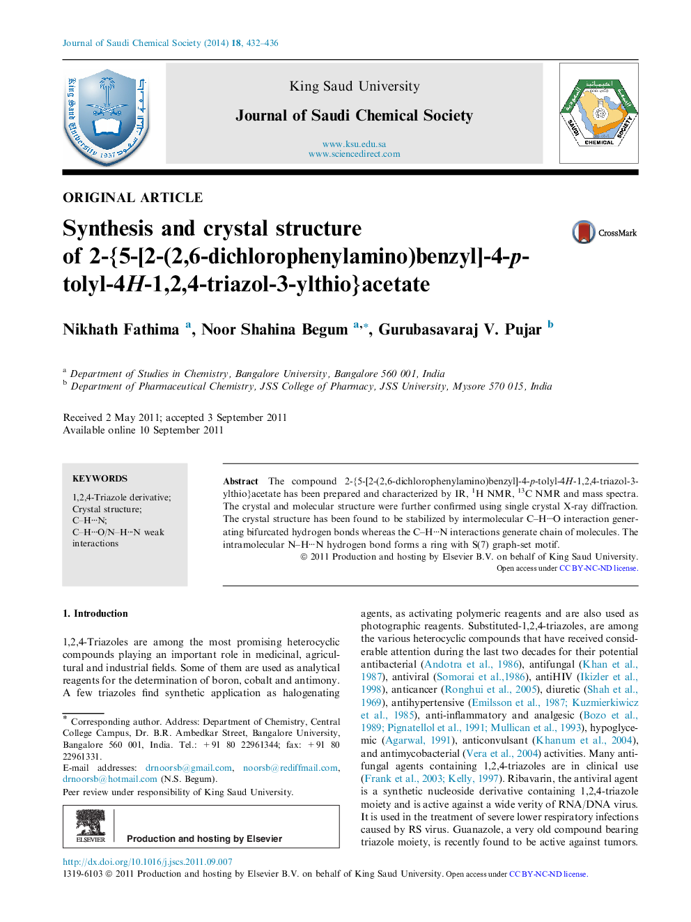 Synthesis and crystal structure of 2-{5-[2-(2,6-dichlorophenylamino)benzyl]-4-p-tolyl-4H-1,2,4-triazol-3-ylthio}acetate 