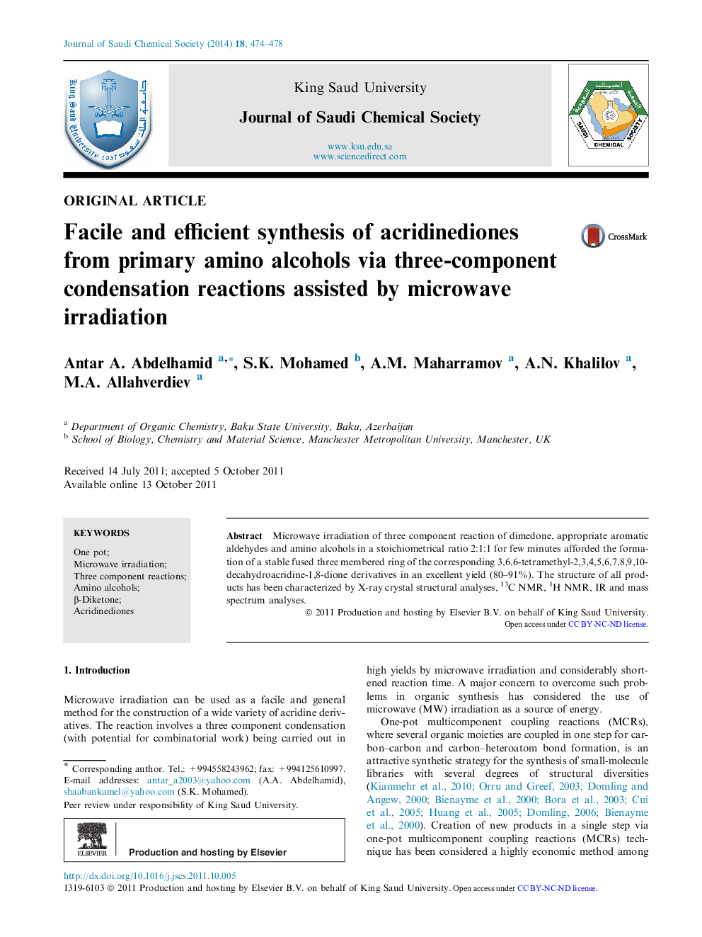 Facile and efficient synthesis of acridinediones from primary amino alcohols via three-component condensation reactions assisted by microwave irradiation 