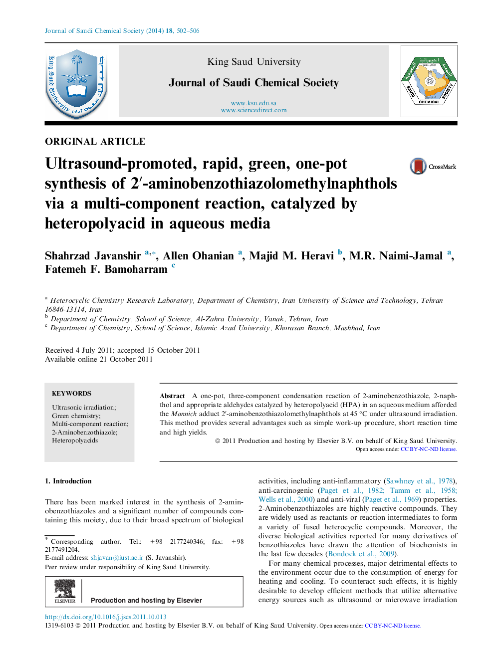 Ultrasound-promoted, rapid, green, one-pot synthesis of 2′-aminobenzothiazolomethylnaphthols via a multi-component reaction, catalyzed by heteropolyacid in aqueous media 