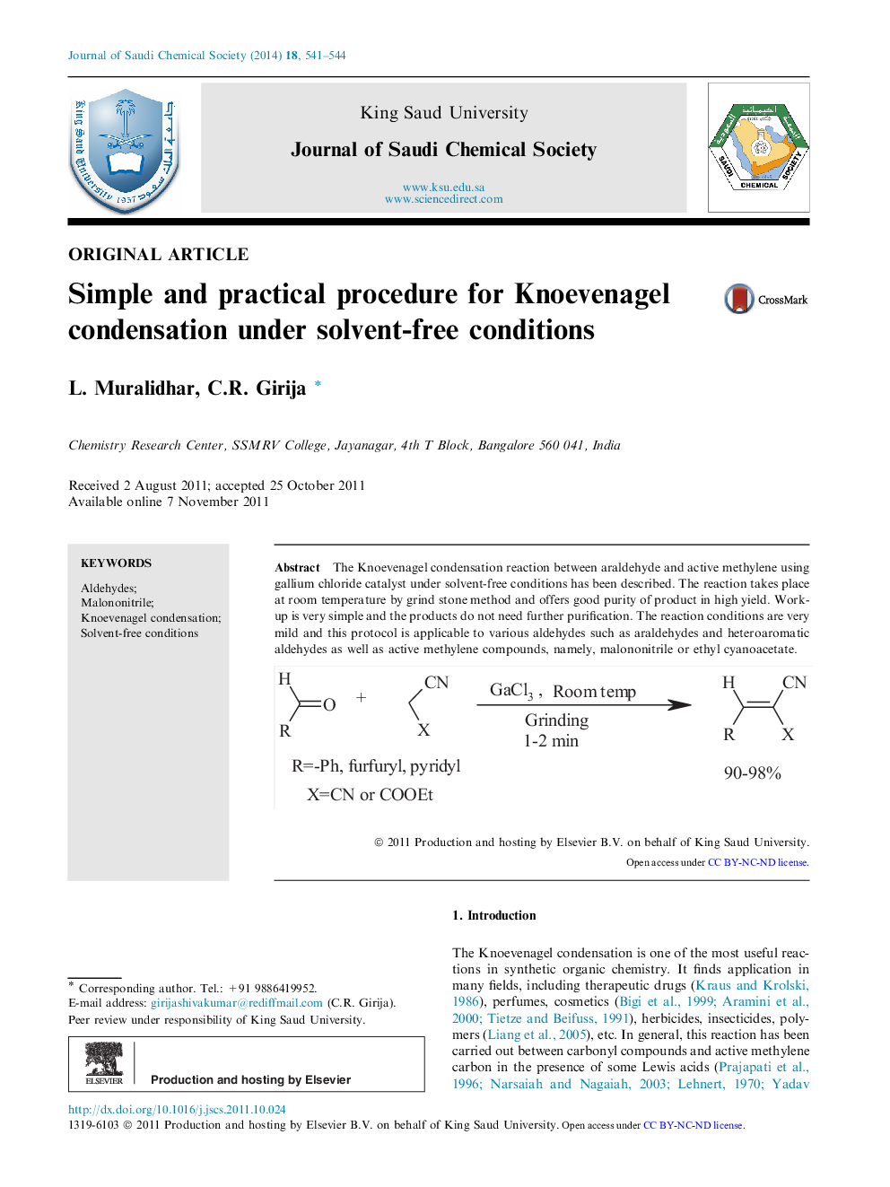 Simple and practical procedure for Knoevenagel condensation under solvent-free conditions 