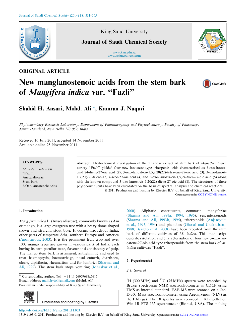 New manglanostenoic acids from the stem bark of Mangifera indica var. “Fazli” 