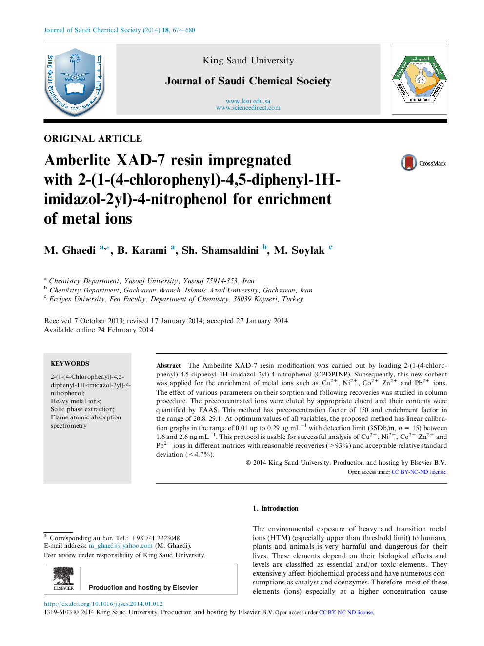 Amberlite XAD-7 resin impregnated with 2-(1-(4-chlorophenyl)-4,5-diphenyl-1H-imidazol-2yl)-4-nitrophenol for enrichment of metal ions 