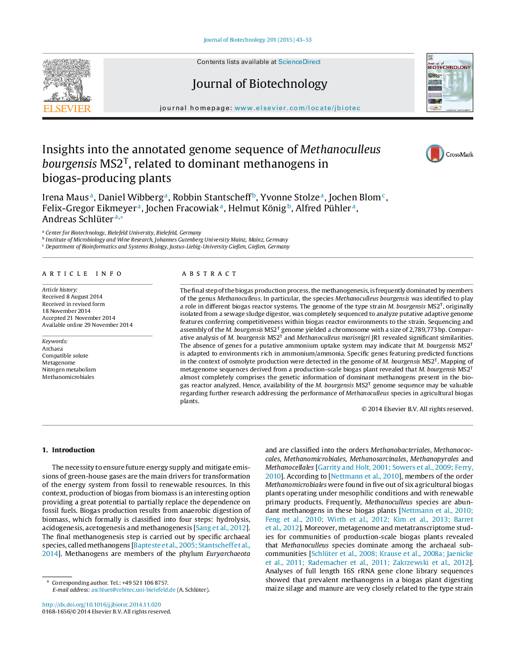 Insights into the annotated genome sequence of Methanoculleus bourgensis MS2T, related to dominant methanogens in biogas-producing plants