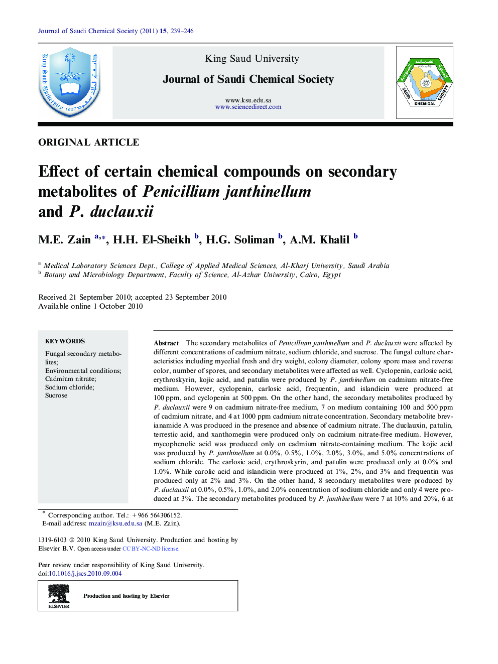 Effect of certain chemical compounds on secondary metabolites of Penicillium janthinellum and P. duclauxii 