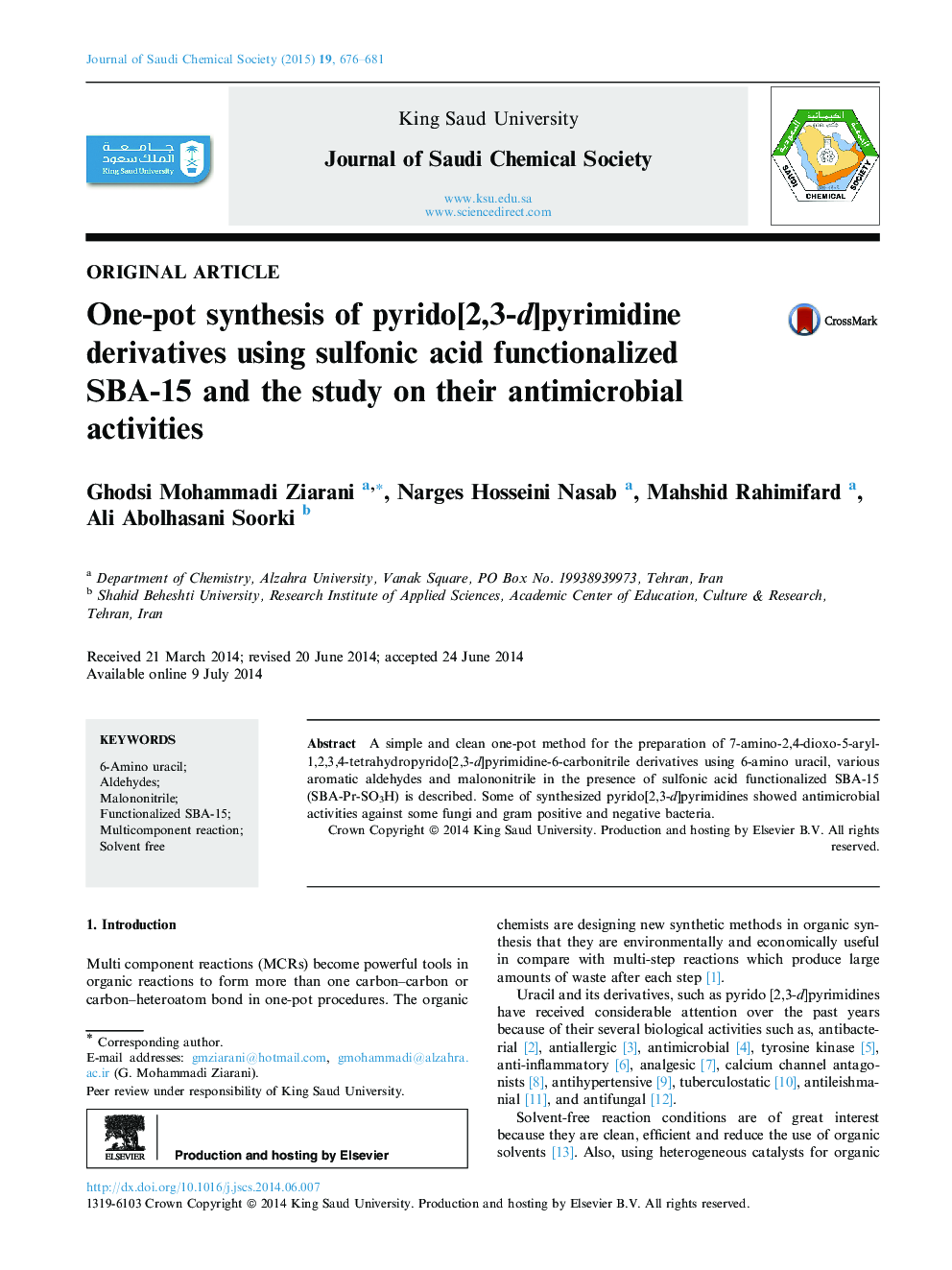 One-pot synthesis of pyrido[2,3-d]pyrimidine derivatives using sulfonic acid functionalized SBA-15 and the study on their antimicrobial activities 