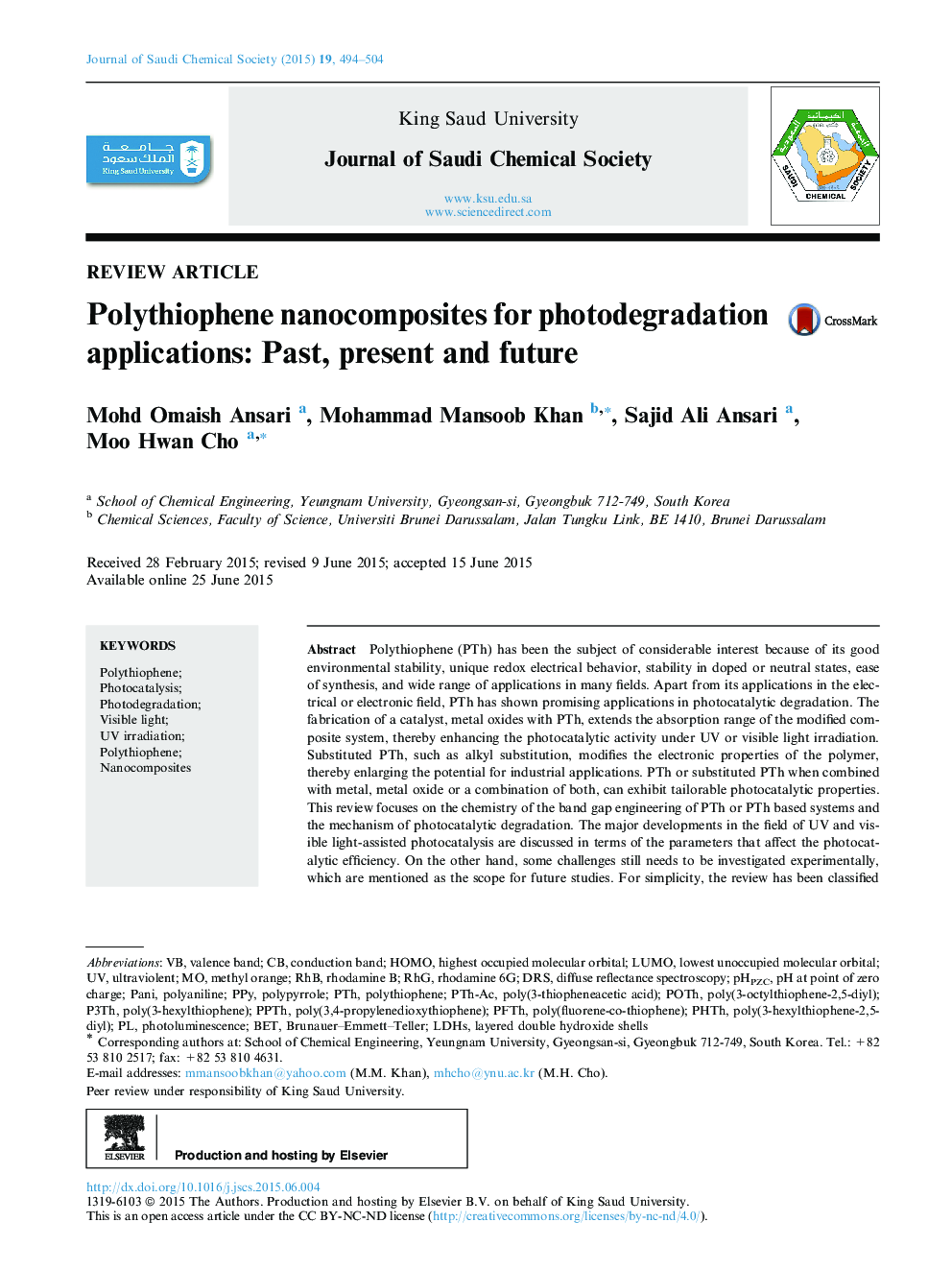 Polythiophene nanocomposites for photodegradation applications: Past, present and future 