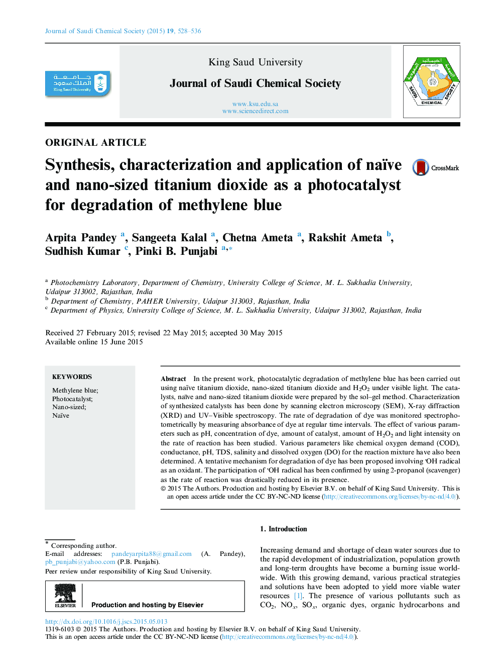 Synthesis, characterization and application of naïve and nano-sized titanium dioxide as a photocatalyst for degradation of methylene blue 