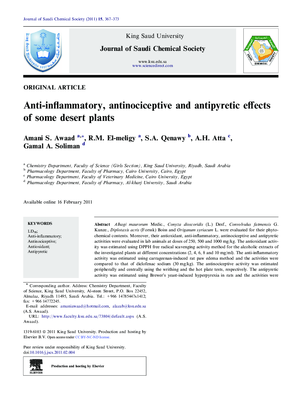 Anti-inflammatory, antinociceptive and antipyretic effects of some desert plants 