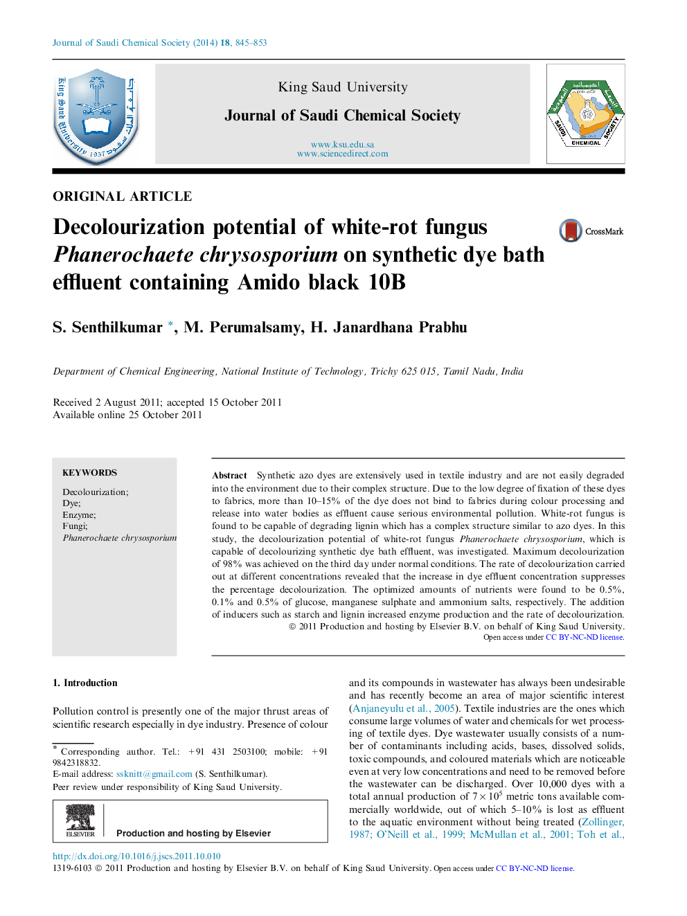 Decolourization potential of white-rot fungus Phanerochaete chrysosporium on synthetic dye bath effluent containing Amido black 10B 