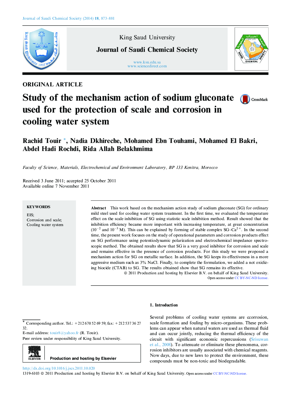 Study of the mechanism action of sodium gluconate used for the protection of scale and corrosion in cooling water system 