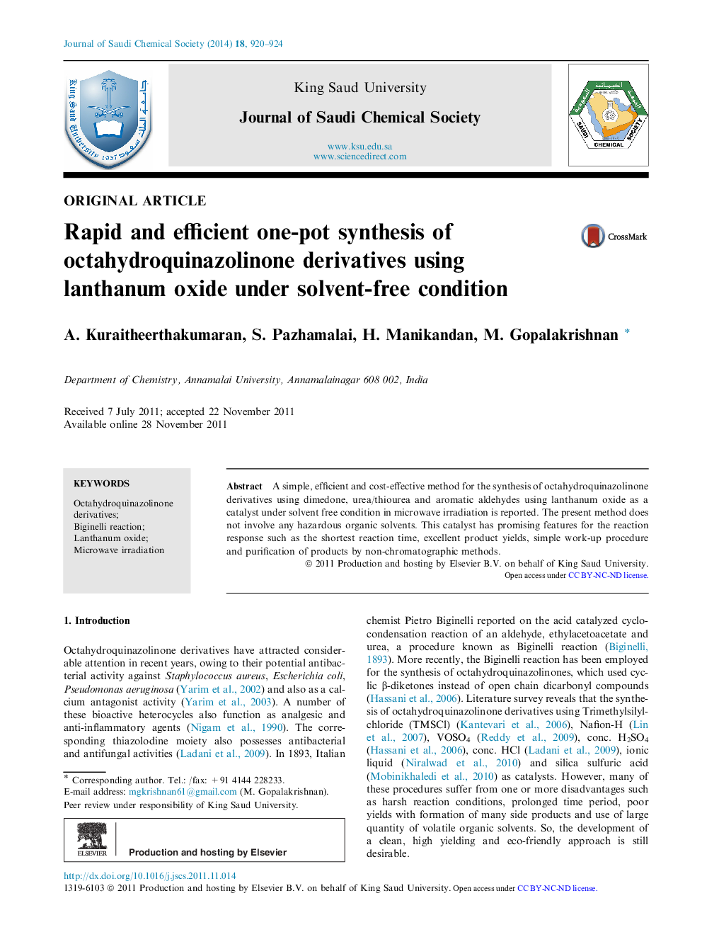 Rapid and efficient one-pot synthesis of octahydroquinazolinone derivatives using lanthanum oxide under solvent-free condition 