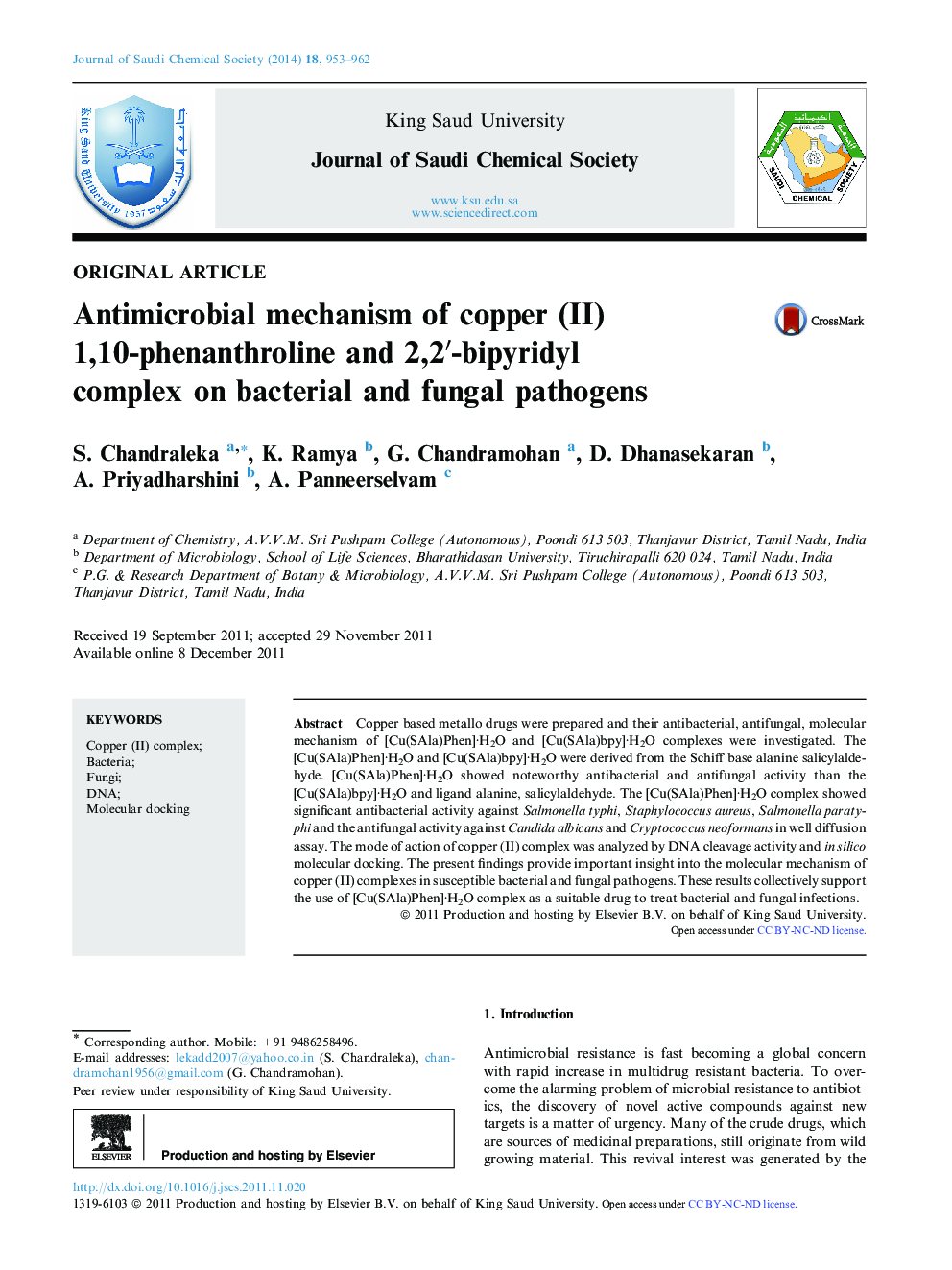 Antimicrobial mechanism of copper (II) 1,10-phenanthroline and 2,2′-bipyridyl complex on bacterial and fungal pathogens 