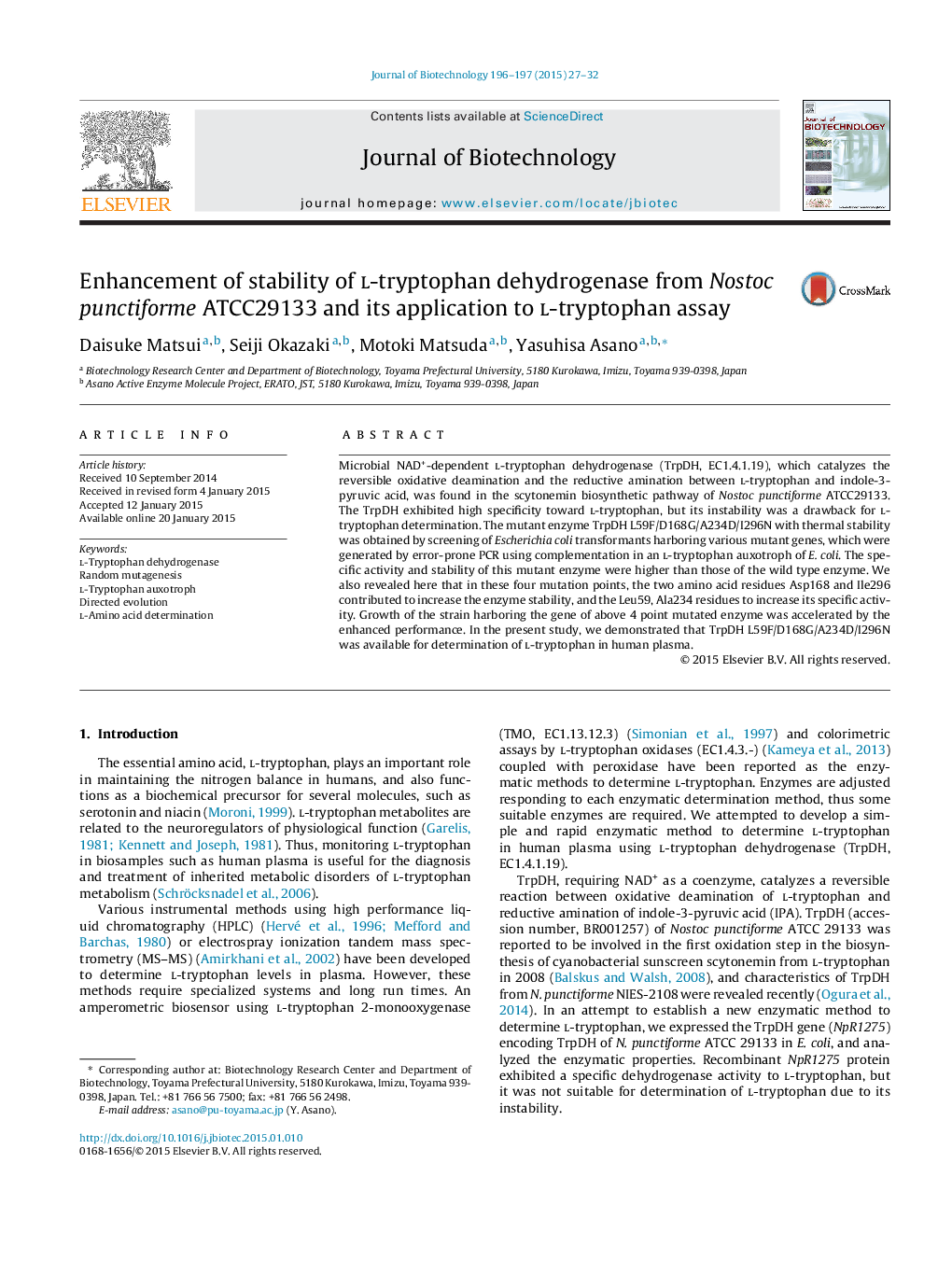 Enhancement of stability of l-tryptophan dehydrogenase from Nostoc punctiforme ATCC29133 and its application to l-tryptophan assay