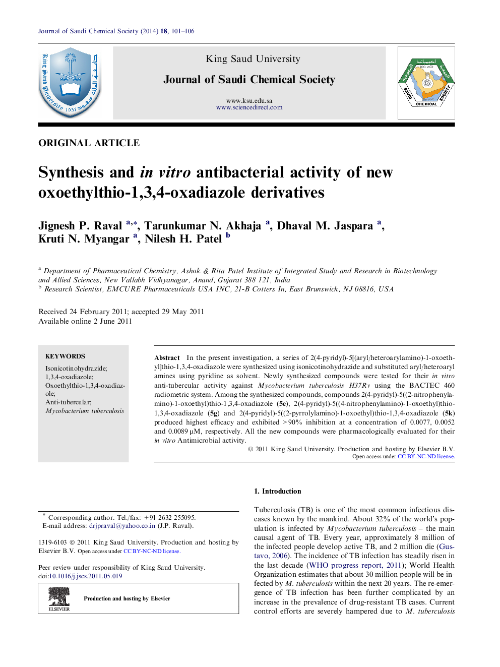 Synthesis and in vitro antibacterial activity of new oxoethylthio-1,3,4-oxadiazole derivatives 