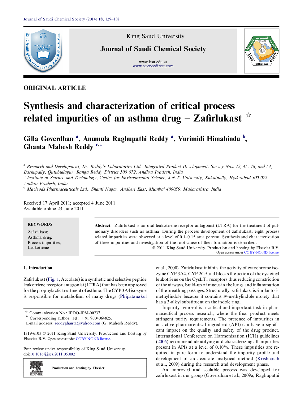 Synthesis and characterization of critical process related impurities of an asthma drug – Zafirlukast 