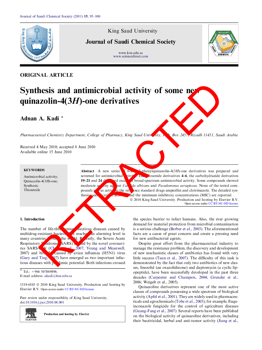 RETRACTED: Synthesis and antimicrobial activity of some new quinazolin-4(3H)-one derivatives 