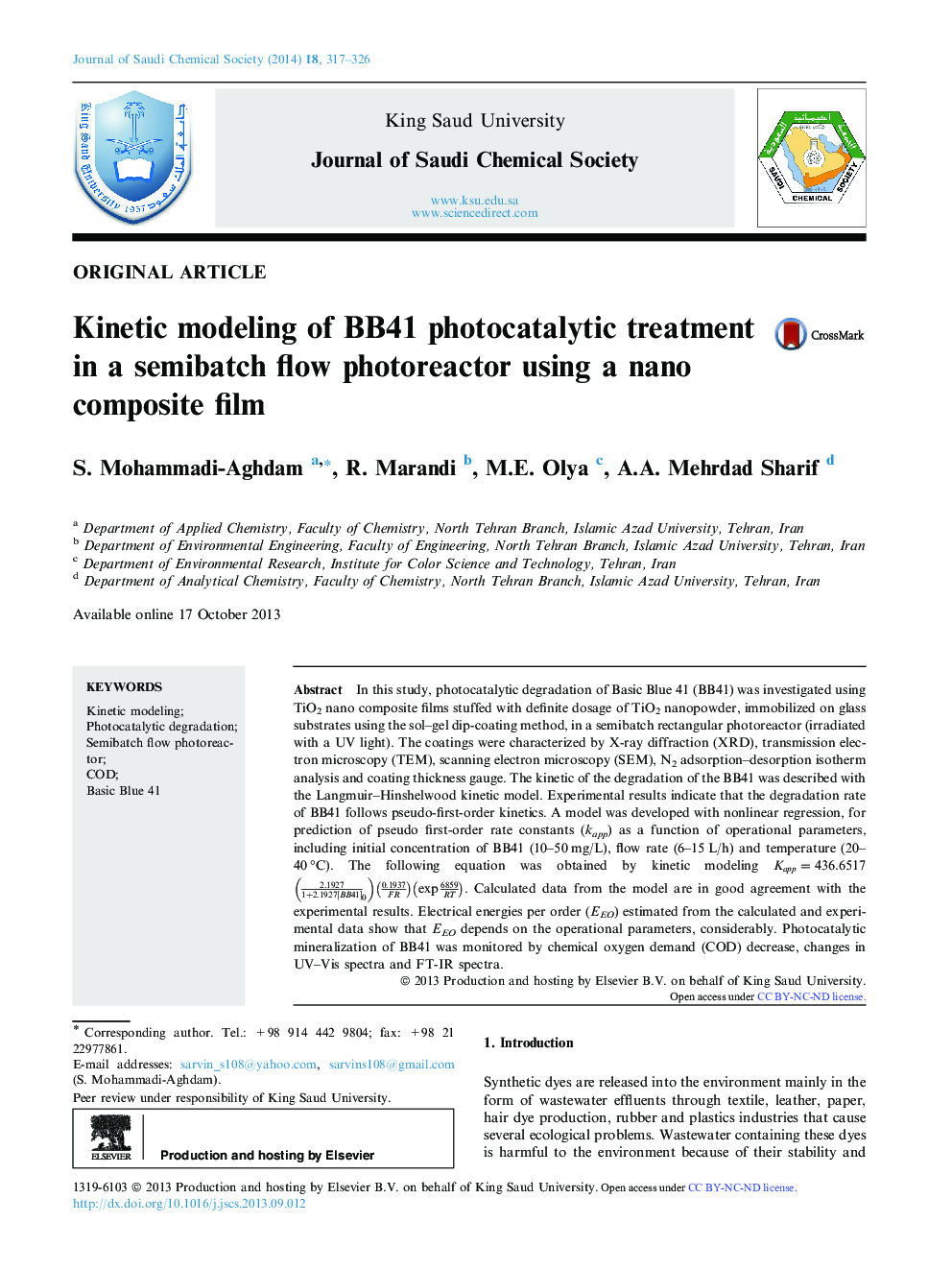 Kinetic modeling of BB41 photocatalytic treatment in a semibatch flow photoreactor using a nano composite film 