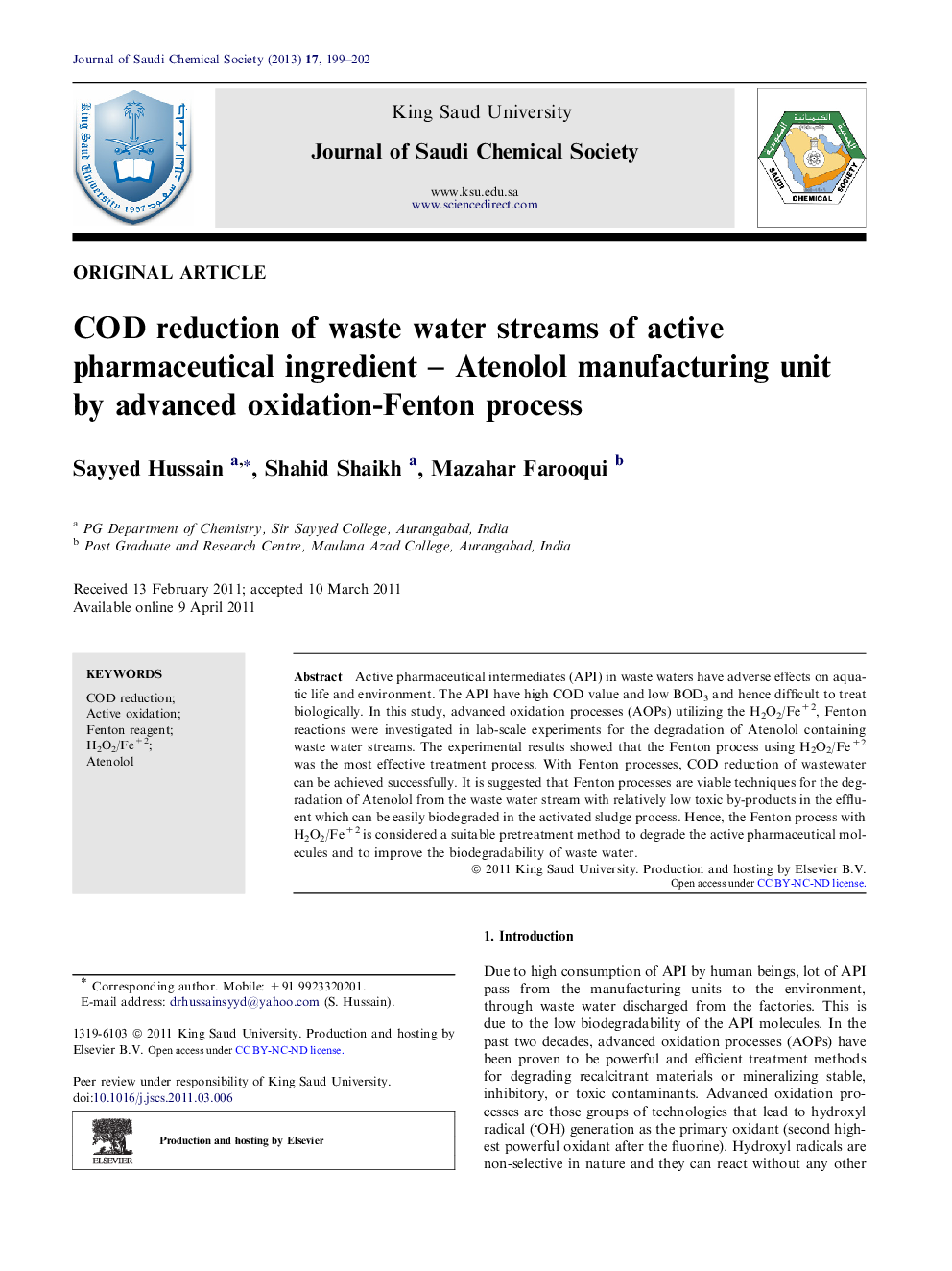 COD reduction of waste water streams of active pharmaceutical ingredient – Atenolol manufacturing unit by advanced oxidation-Fenton process 