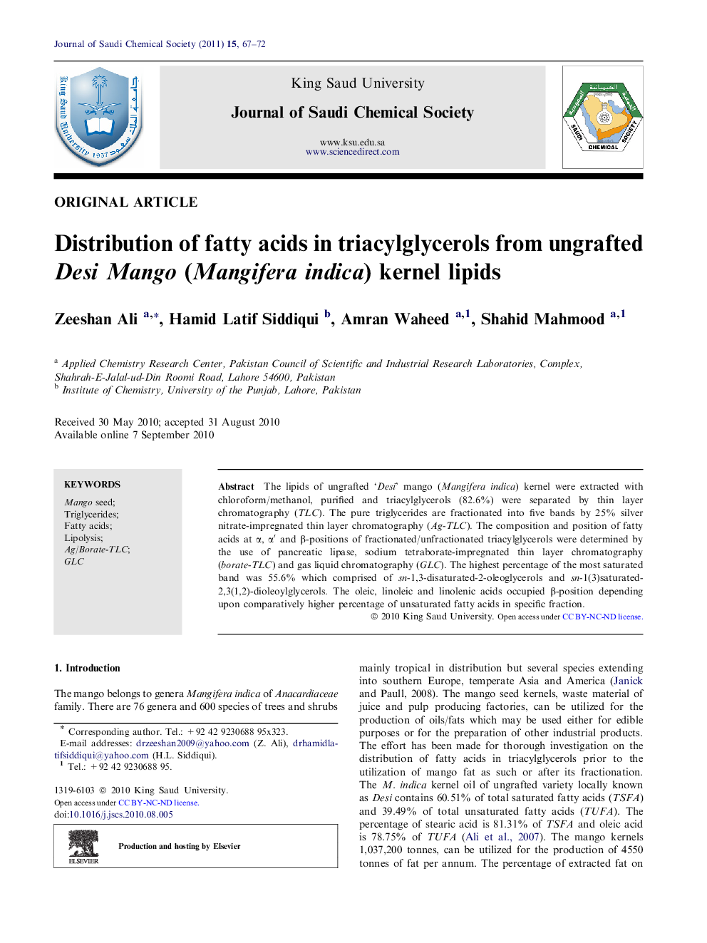 عکس صفحه اول مقاله: Distribution of fatty acids in triacylglycerols from ungrafted Desi Mango (Mangifera indica) kernel lipids Distribution of fatty acids in triacylglycerols from ungrafted Desi Mango (Mangifera indica) kernel lipids